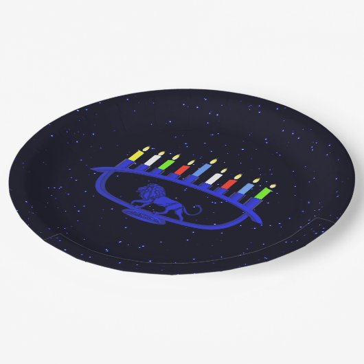 Blue Lion Menorah Pappteller (Schrägansicht)