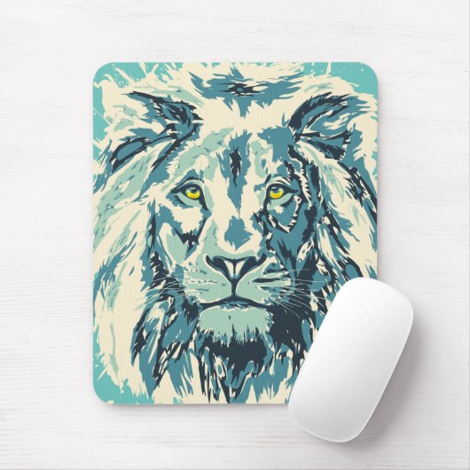Blue Lion Mouse Pad | Farbiger Retro-Löwenkopf Mousepad (Mit Mouse)