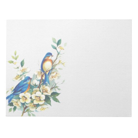 Blue Little Birds on White Blume Branch Notepad Notizblock (Vorderseite)