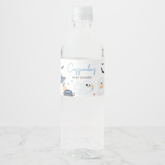 Blue Little Boo Halloween Baby Dusche Wasserflaschenetikett (Vorderseite)
