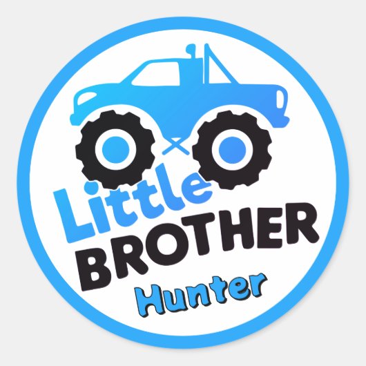 Blue Little Brother Monster Truck Custom Name Runder Aufkleber (Vorderseite)