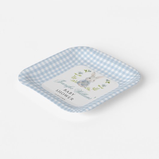 Blue Little Bunny Boy Gingham Boho Baby Shower Pappteller (Gewinkelt)