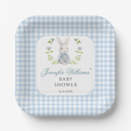 Blue Little Bunny Boy Gingham Boho Baby Shower Pappteller