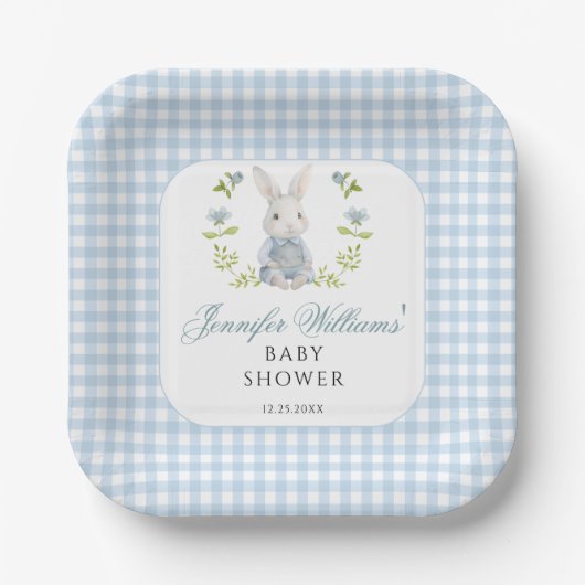 Blue Little Bunny Boy Gingham Boho Baby Shower Pappteller (Vorderseite)