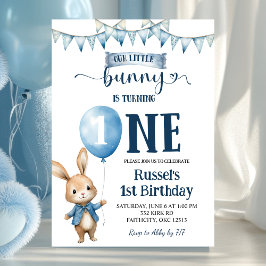 Blue Little Bunny First Birthday Invitation Einladung