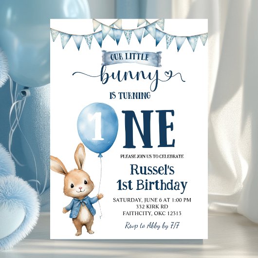 Blue Little Bunny First Birthday Invitation Einladung