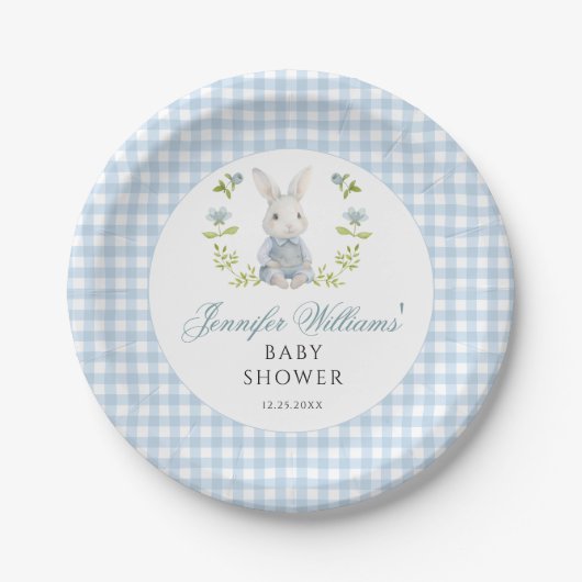 Blue Little Bunny Gingham Spring Baby Boy Dusche Pappteller (Vorderseite)