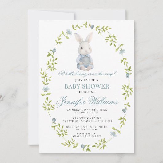 Blue Little Bunny Spring Easter Baby Dusche Einladung (Vorderseite)