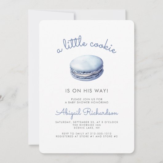 Blue Little Cookie Macaron QR Code Boy Baby Shower Einladung (Vorderseite)