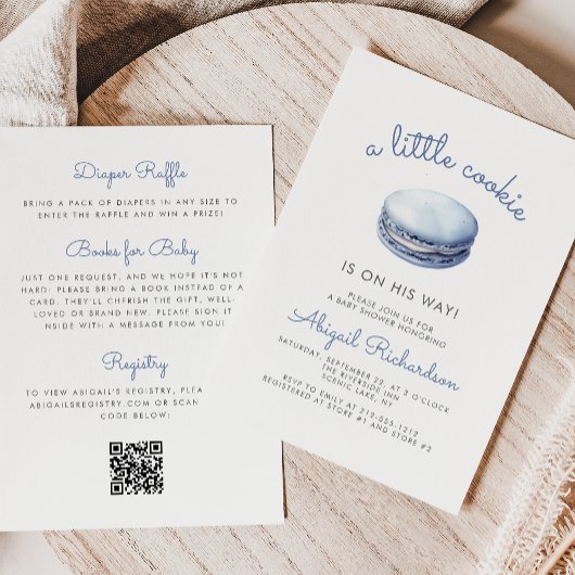 Blue Little Cookie Macaron QR Code Boy Baby Shower Einladung