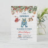 Blue Little Cowboy Western Holiday Baby Dusche Einladung (Stehend Vorderseite)