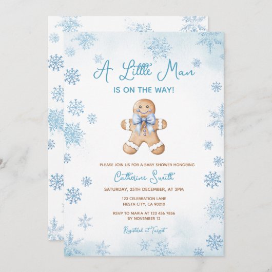 Blue Little Man Snowflakes Gingerbread Baby Shower Einladung (Vorne/Hinten)