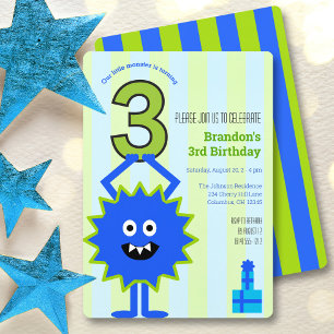 Blue Little Monster 3. Geburtstag Junge Spaß Niedl Einladung