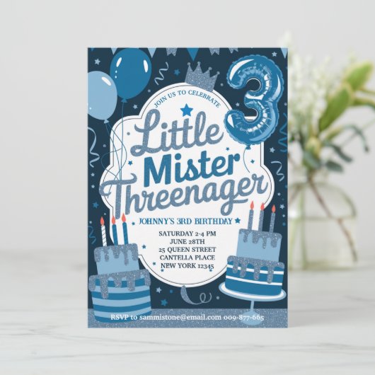 Blue Little Mr Threenager Einladung für Junge (Stehend Vorderseite)