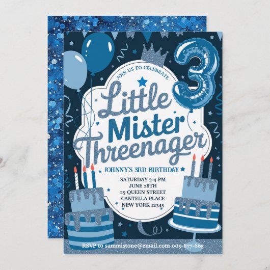Blue Little Mr Threenager Einladung für Junge (Vorne/Hinten)