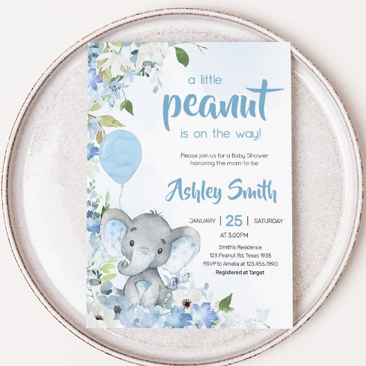 Blue Little Peanut Elephant Baby Dusche Einladung