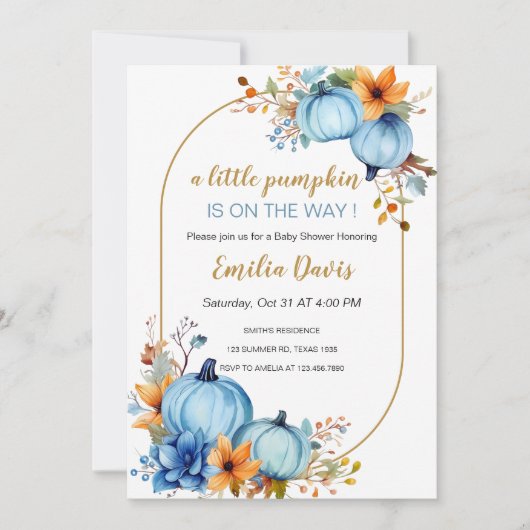 Blue Little Pumpkin Baby Shower Einladungen (Vorderseite)