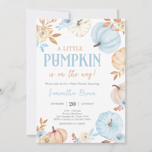 Blue Little Pumpkin Fall Baby Shower Einladung (Vorderseite)