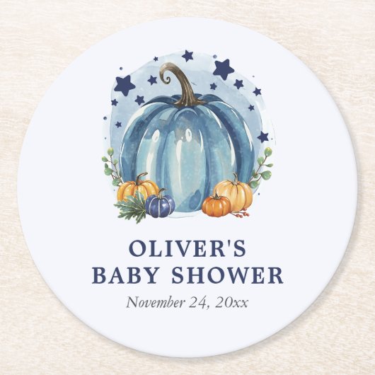 Blue Little Pumpkin Fall Custom Boy Baby Dusche Runder Pappuntersetzer (Vorderseite)