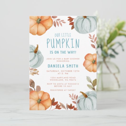 Blue Little Pumpkin ist auf dem Weg Jungen Baby Du Einladung (Stehend Vorderseite)