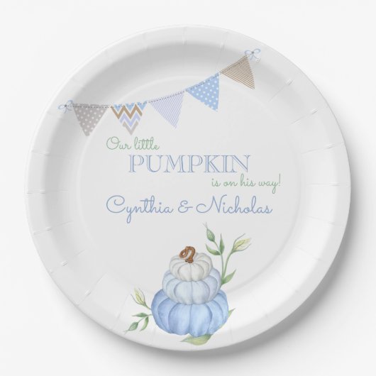 Blue Little Pumpkin Patch Boy Baby Shower Pappteller (Vorderseite)