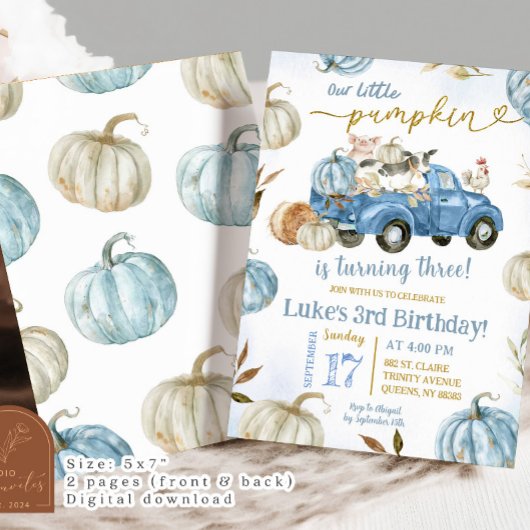 Blue Little Pumpkin Truck Farm Birthday Boy Einladung