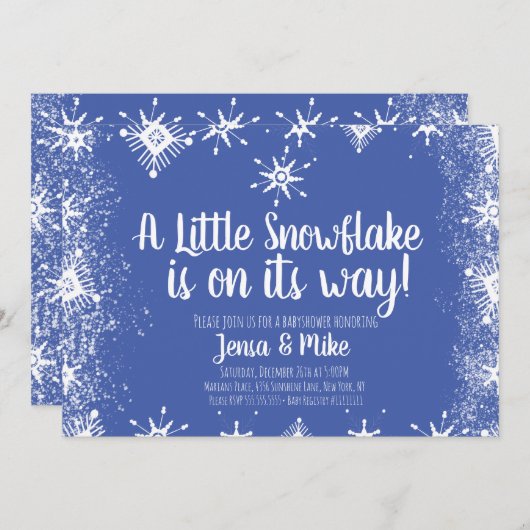 Blue Little Snowflakes Snowy Script Baby Dusche Einladung (Vorne/Hinten)
