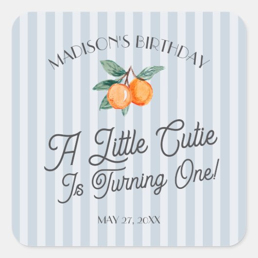 Blue Little Süsse Pastel Citrus Birthday Envelope Quadratischer Aufkleber (Vorderseite)