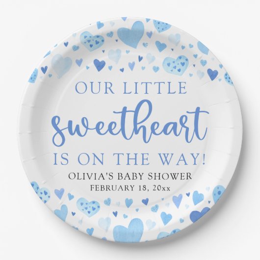 Blue Little Sweetheart Valentine's Day Baby Shower Pappteller (Vorderseite)