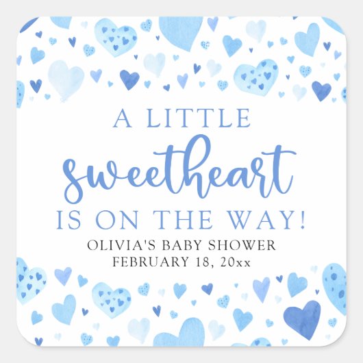 Blue Little Sweetheart Valentine's Day Baby Shower Quadratischer Aufkleber (Vorderseite)