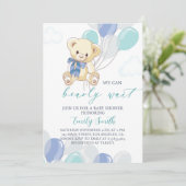 Blue Little Teddy Bear Baby Dusche Einladung (Stehend Vorderseite)