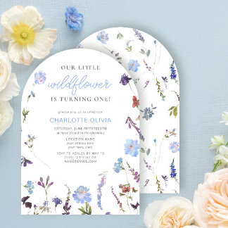 Blue Little Wildblume Watercolor 1. Geburtstag Einladung