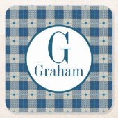 Blue Lodge Kariert Monogramm Personalisiert Rechteckiger Pappuntersetzer (Vorderseite)