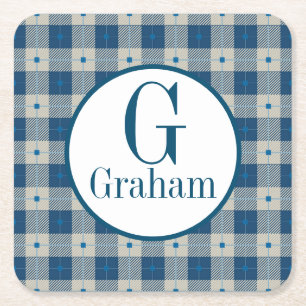 Blue Lodge Kariert Monogramm Personalisiert Rechteckiger Pappuntersetzer