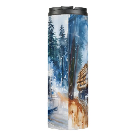 Blue Log Truck Snowy Forest Thermosbecher (Rückseite)