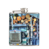 Blue Logging Truck Highway Driving Art Truckers Flachmann (Vorderseite)