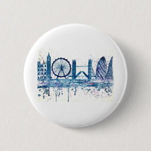 Blue London Skyline England Aquarell Moderne Button
