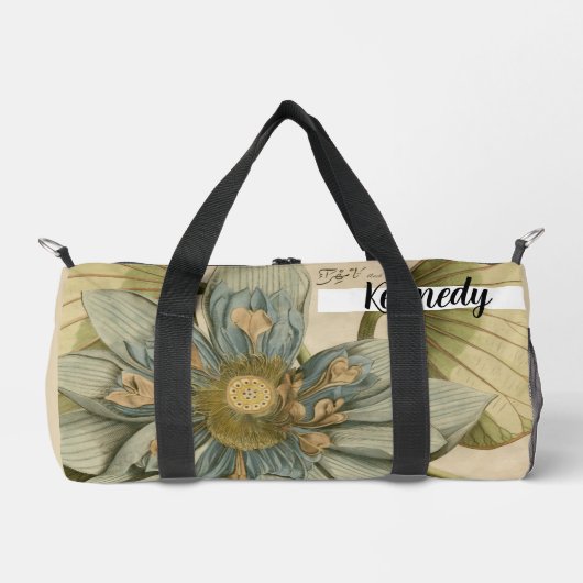 Blue Lotus Blume auf Tan Hintergrund mit Schreiben Duffle Bag (Vorderseite)