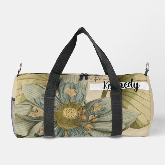 Blue Lotus Blume auf Tan Hintergrund mit Schreiben Duffle Bag (Rückseite)