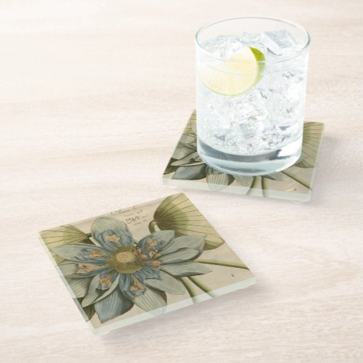 Blue Lotus Blume auf Tan Hintergrund mit Schreiben Glasuntersetzer (Schrägansicht)