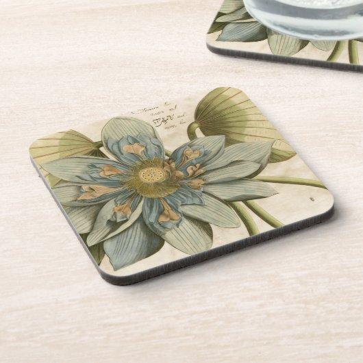 Blue Lotus Blume auf Tan Hintergrund mit Schreiben Untersetzer (Linke Seite)