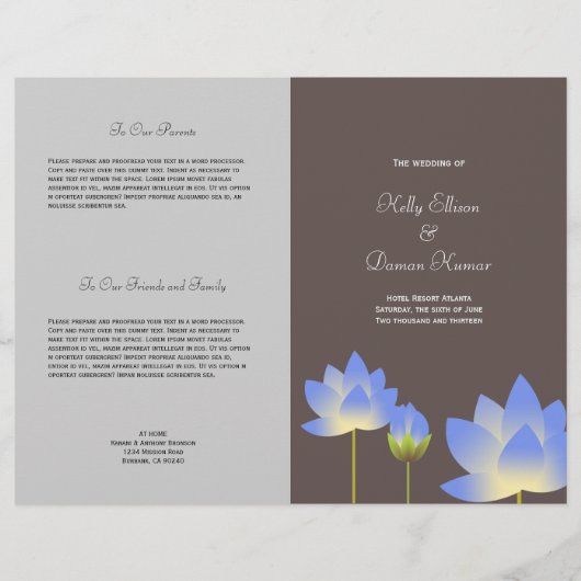 Blue lotus Blume Modernes Hochzeitsprogramm (Vorderseite)