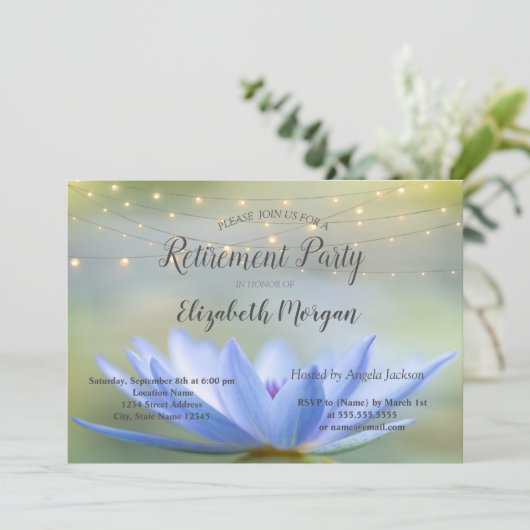 Blue Lotus String Lights Retirement Party Einladung (Stehend Vorderseite)