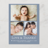 Blue Love and Thanks Baby Photo Birth announcement Postkarte (Vorderseite)