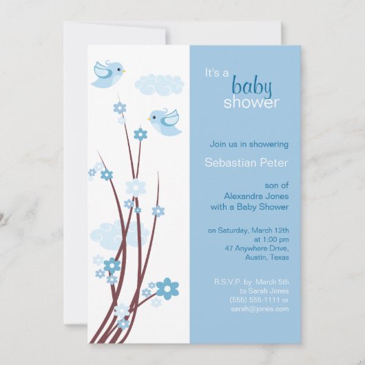 Blue Love Birds Spring Blumen Baby Dusche Einladung (Vorderseite)