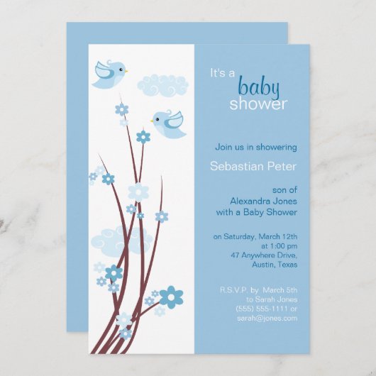 Blue Love Birds Spring Blumen Baby Dusche Einladung (Vorne/Hinten)