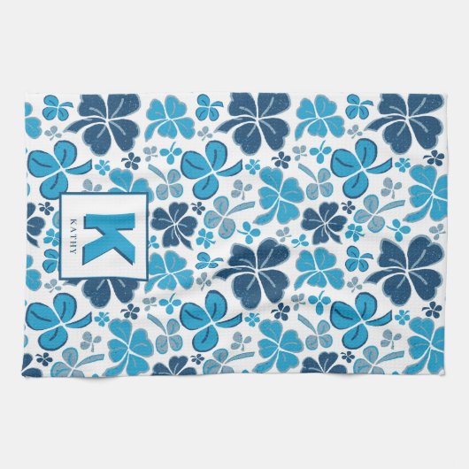 Blue Lucky Kleeblatt Clover Pattern Mit Monogramm Geschirrtuch (Horizontal)