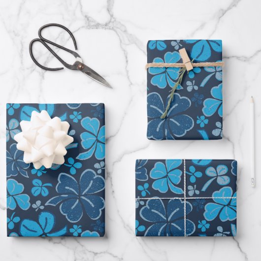 Blue Lucky Kleeblatts Clover St Patrick`s Day Geschenkpapier Set (Vorderseite)