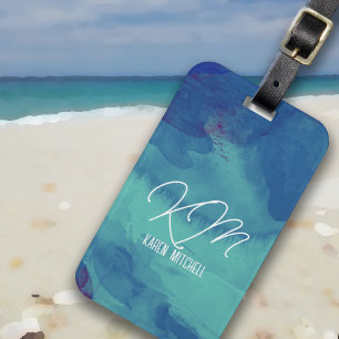 Blue LuggageTag Mit Monogramm Watercolor Bluish Gepäckanhänger