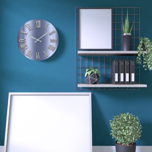 Blue Lux Gray Metal Gray Silver Roman Number Große Wanduhr